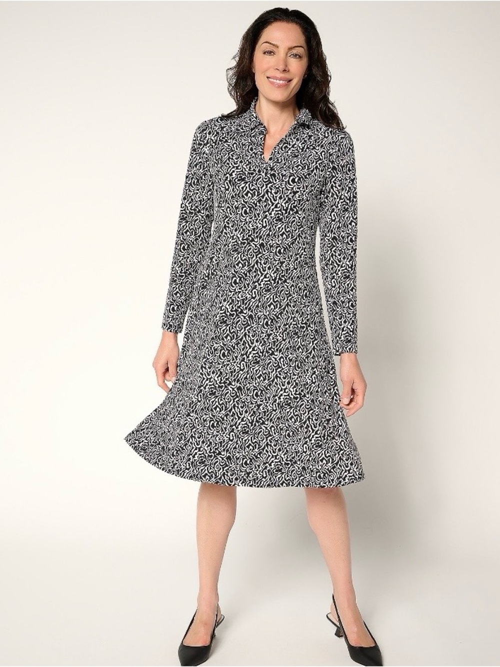 Susan Graver Printed Liquid Knit Collared Long Sleeve Dress NWT - Black/Ivory LP